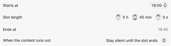 Slot settings in the program editor: starts at 19:00, slot length 45 minutes, ends at 19:45.