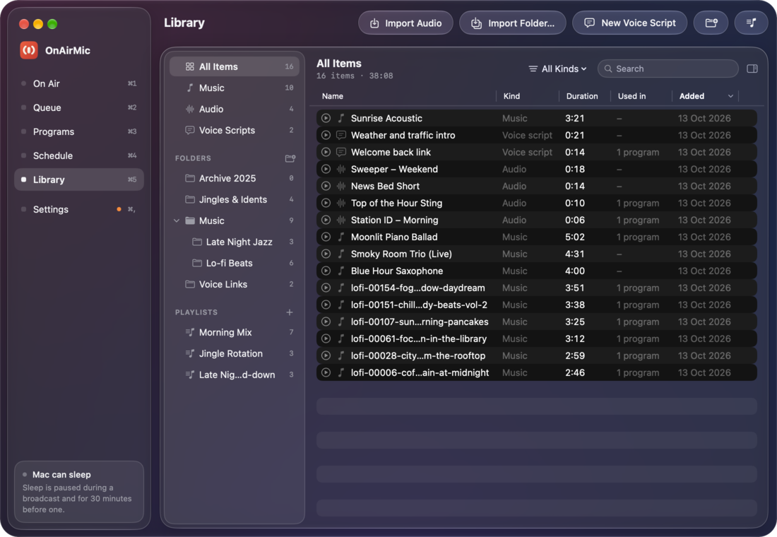 The Library page: All Items, Music, Audio and Voice Scripts; folders including Jingles & Idents and a nested Music folder with Late Night Jazz and Lo-fi Beats; playlists such as Morning Mix; and a list of sixteen items with durations.