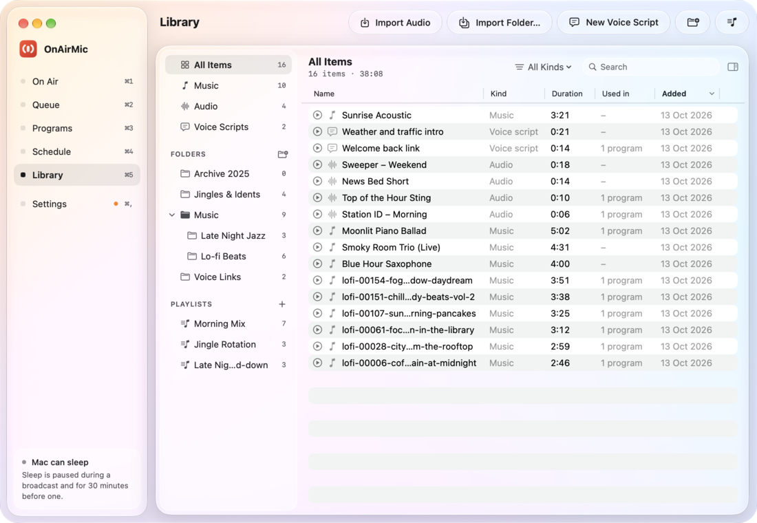 The Library page: All Items, Music, Audio and Voice Scripts; folders including Jingles & Idents and a nested Music folder with Late Night Jazz and Lo-fi Beats; playlists such as Morning Mix; and a list of sixteen items with durations.