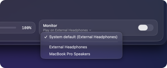 The Monitor tile on the On Air page with its device menu open: System default (External Headphones) checked, then External Headphones and MacBook Pro Speakers.