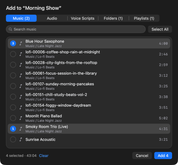 The Add Items picker for the Morning Show program, with music tracks from Late Night Jazz and Lo-fi Beats, four selected.