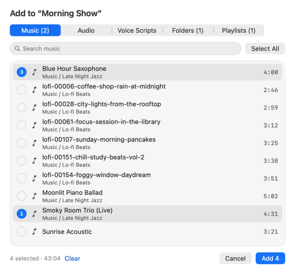 The Add Items picker for the Morning Show program, with music tracks from Late Night Jazz and Lo-fi Beats, four selected.