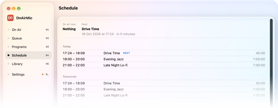 The Schedule page: next is Drive Time in 5 minutes; today, tomorrow and each following day list Drive Time, Evening Jazz and Late Night Lo-fi with their times.